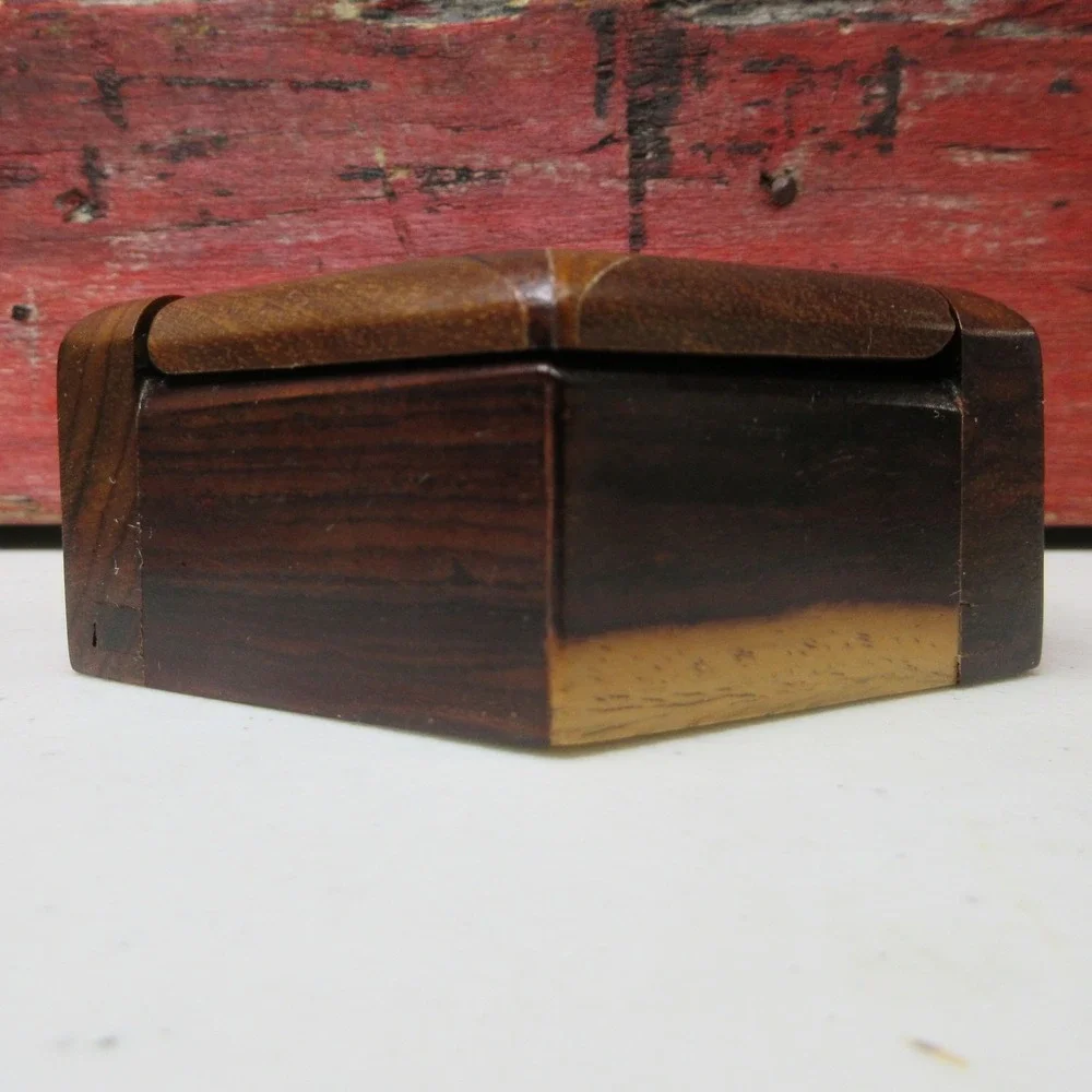 Vintage Geometric Wood Trinket Box Dark Light Brown Octagon Shape Felt Lined